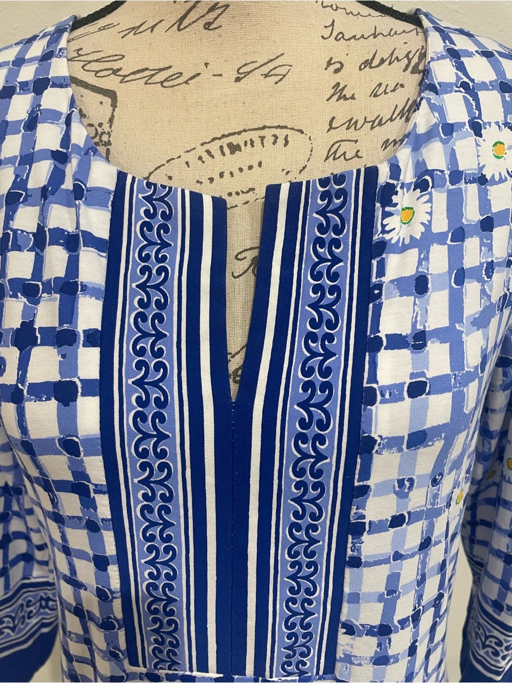 Barbara Erickson Blue Gingham Daisy Print Knit Dress Size Medium Coastal Chic - Picture 9 of 13